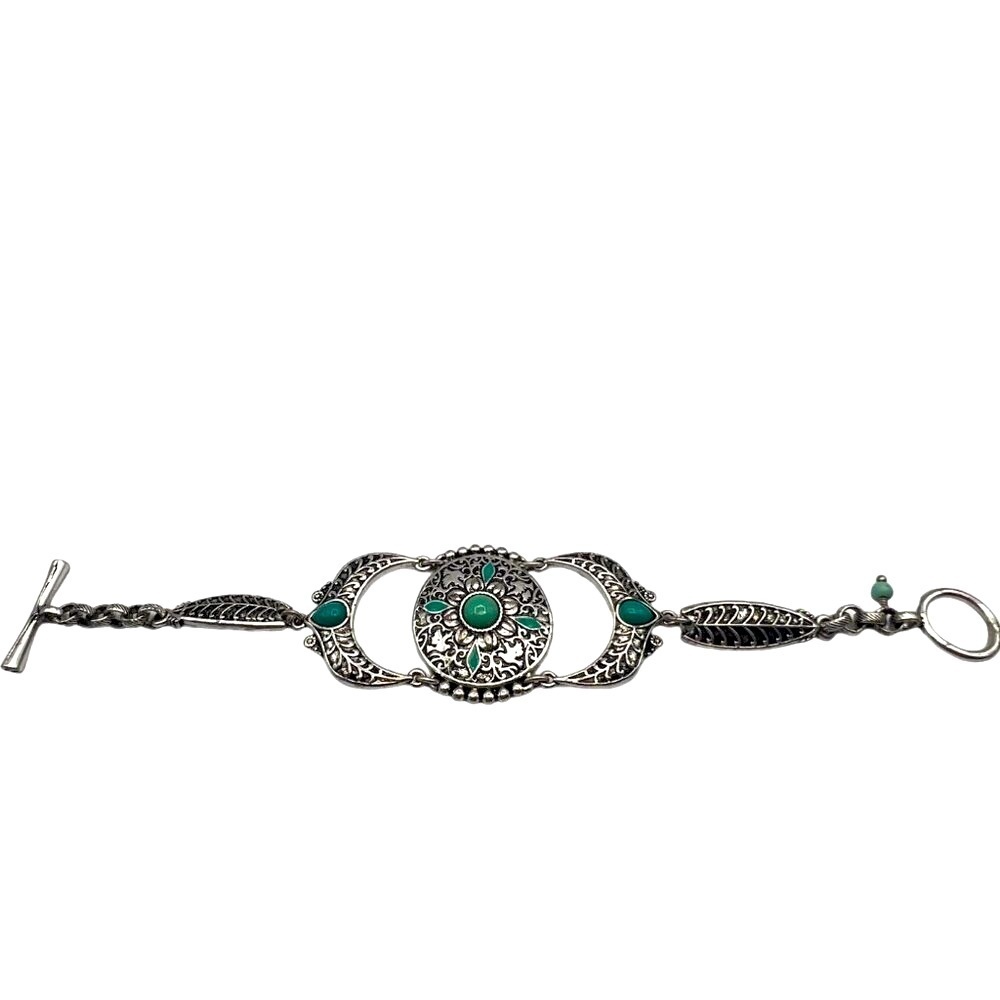 Silver Tone & Faux Turquoise Floral Filigree Bracelet A21 - Picture 8 of 10